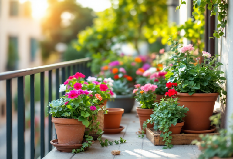 Balcone estivo decorato con piante e mobili