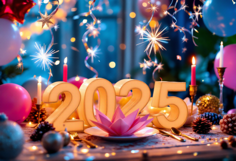 Decorazioni festive per il Capodanno 2025 con colori vivaci