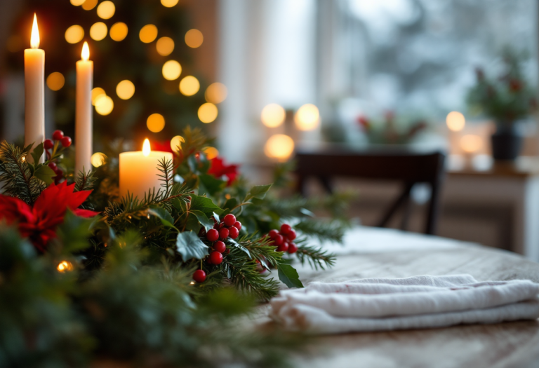 Decorazioni natalizie con piante verdi e rosse