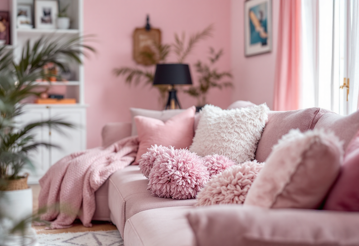 Interno di una casa arredata con tonalità di rosa