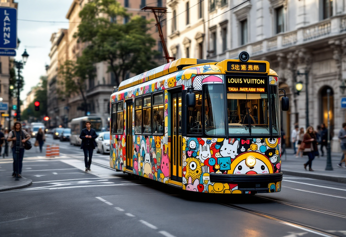 Tram decorato con design di Murakami per Louis Vuitton