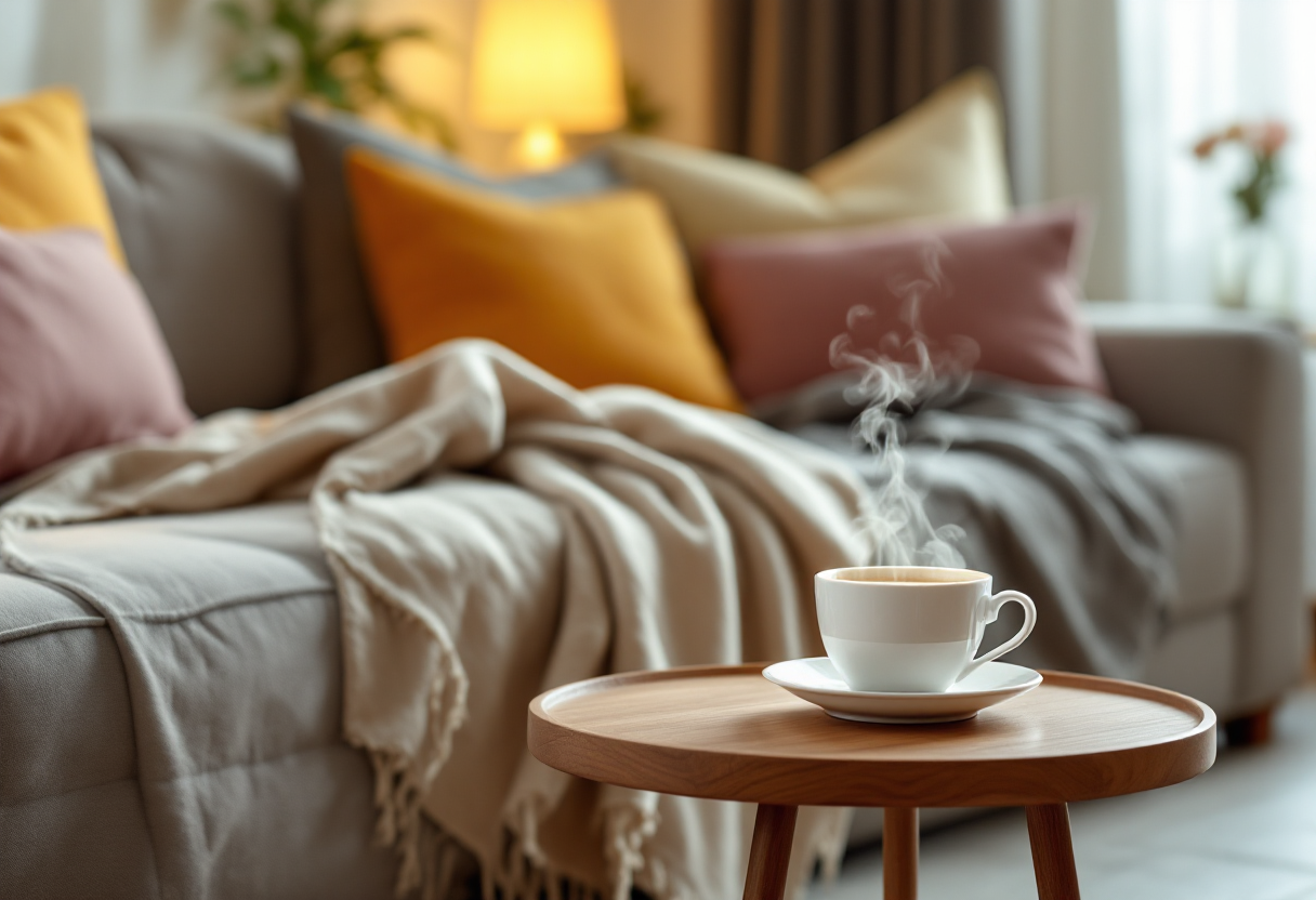 Un angolo relax accogliente con cuscini e piante