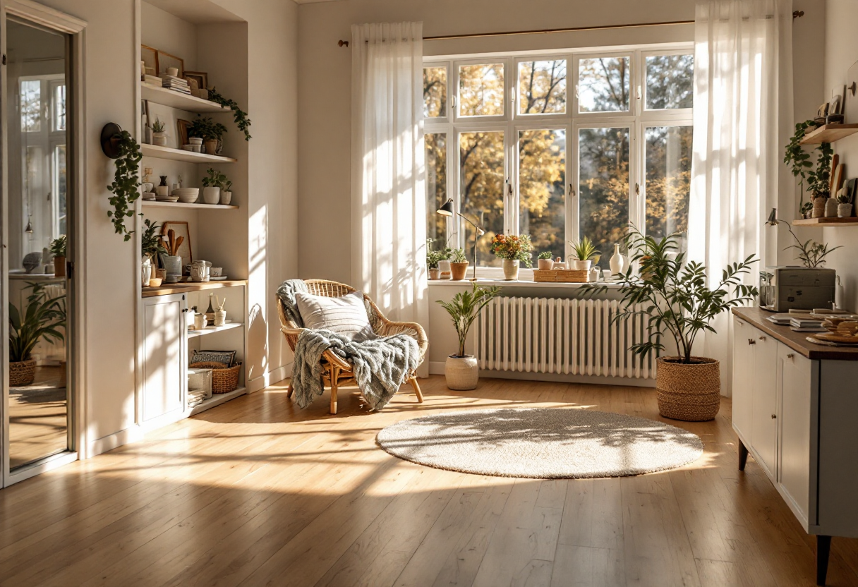 Interno di una casa in stile nordico con decorazioni calde